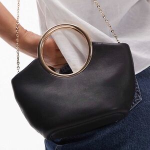 Mango Black Faux-Leather Handbag with Gold Ring Handles